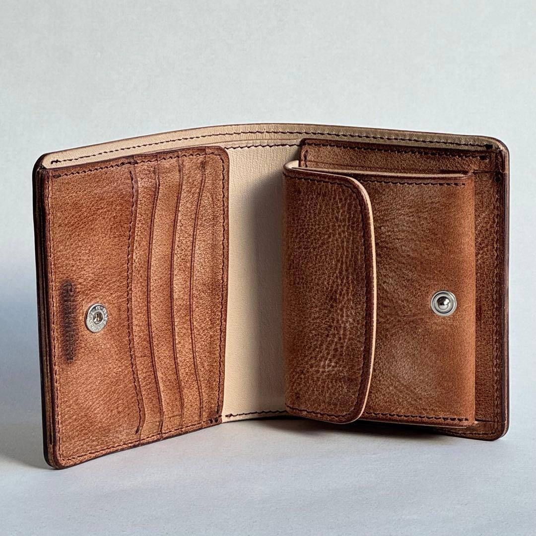 アラスカレザー 二つ折りミニ財布 ブラウン×ヌメ革 ハンドメイド 本革ウォレット