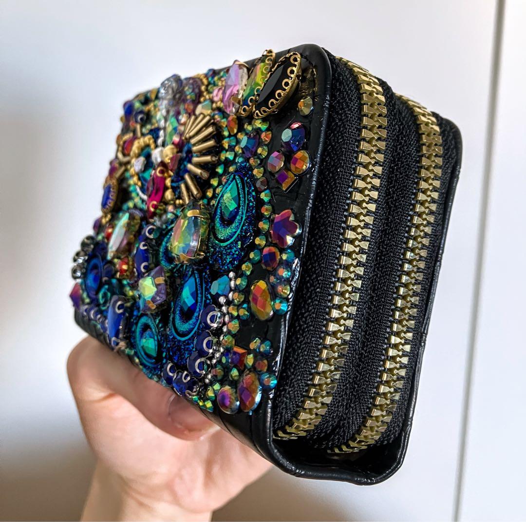 森の女王｜一点物 ハンドメイド ビジュー装飾 三つ折り財布 ダブルジッパー