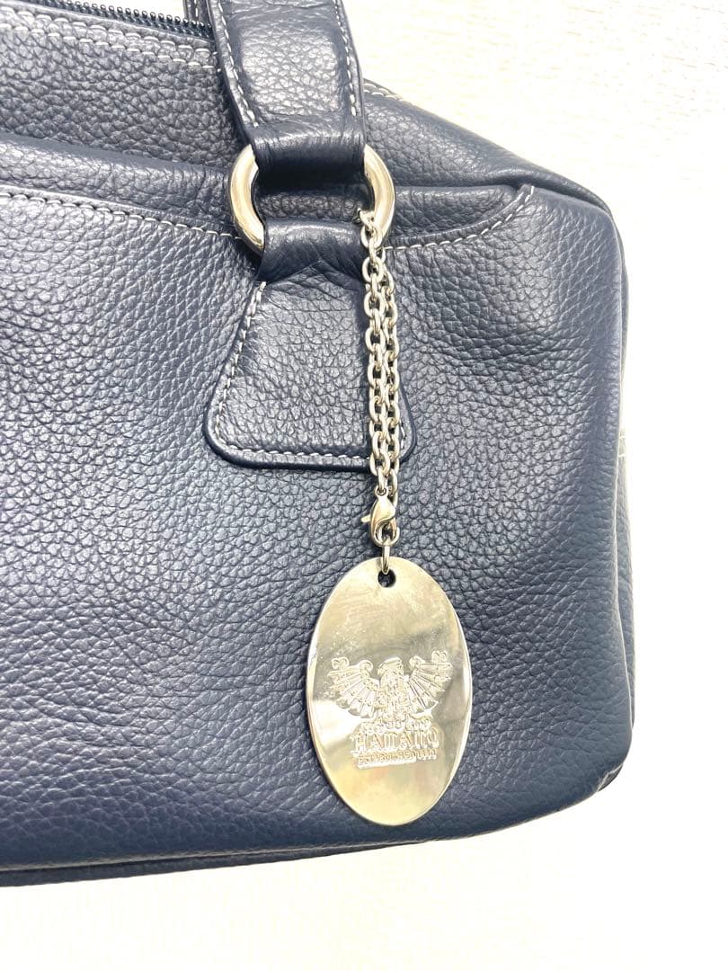 美品 ハマノ HAMANO ハンドバッグ ボストンバッグ 濱野皮革工藝 ネイビー