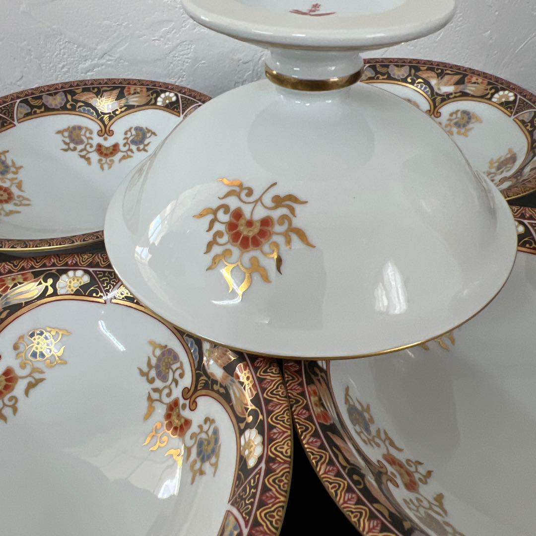 其泉窯 錦黒外濃金海松鳳凰文 明治伊万里 高台皿５枚セット