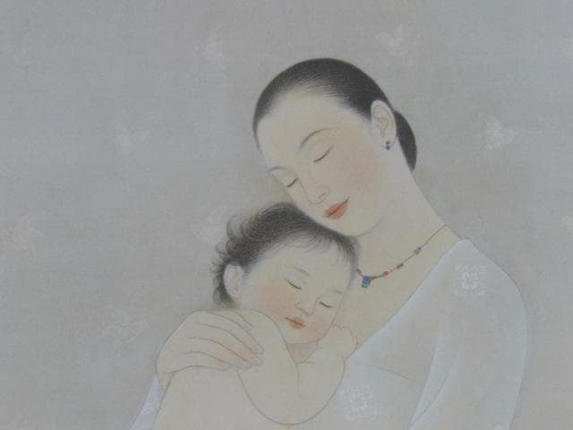 安田育代、【母と子】、希少な額装用画集より、新品額装付、状態良好