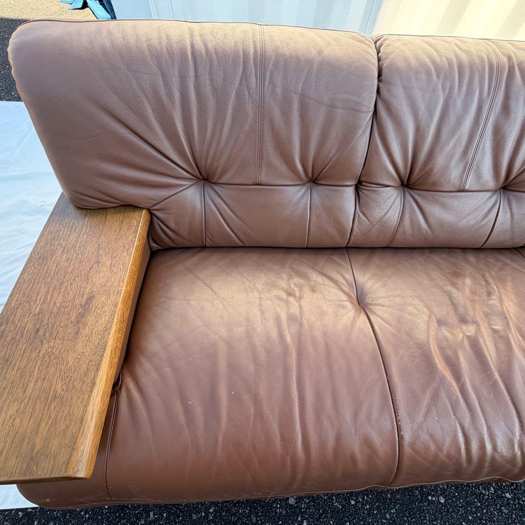 カリモク オールド　レザー 3Pソファ 本革 ブラウン系　 レトロ