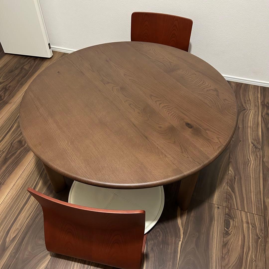 円形木製座卓 カンディハウス1個 天童木工曲げ座椅子2脚 カンデハウス座布団付き