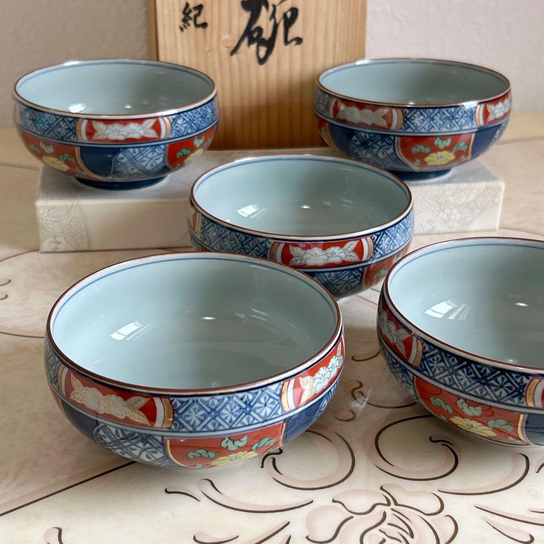 有田焼　紀窯　多用碗揃　５枚セット　小鉢　煮物鉢　お茶碗　小丼　色絵　古伊万里