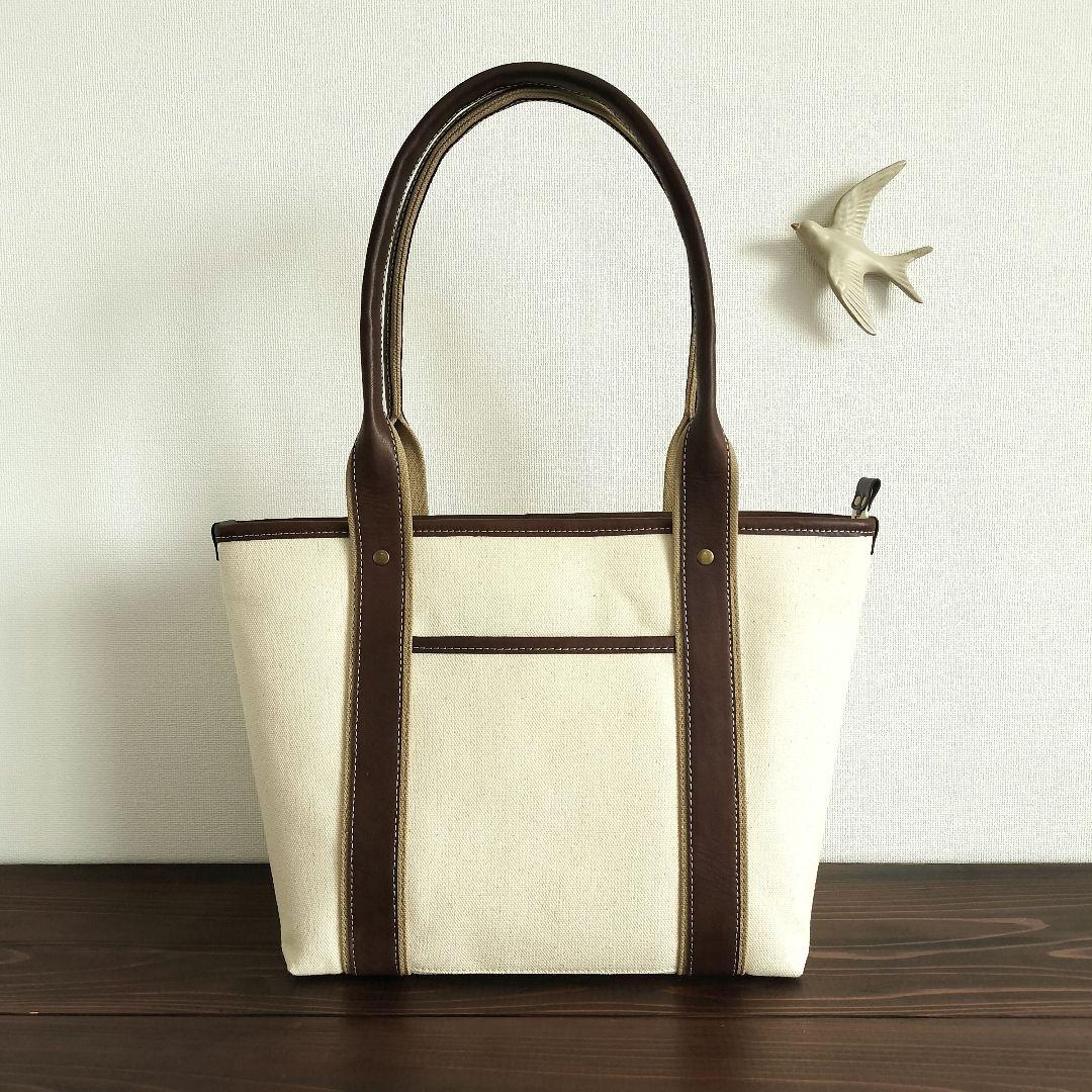 トートバッグ　富士金梅8号帆布　生成り×姫路レザー　チョコ