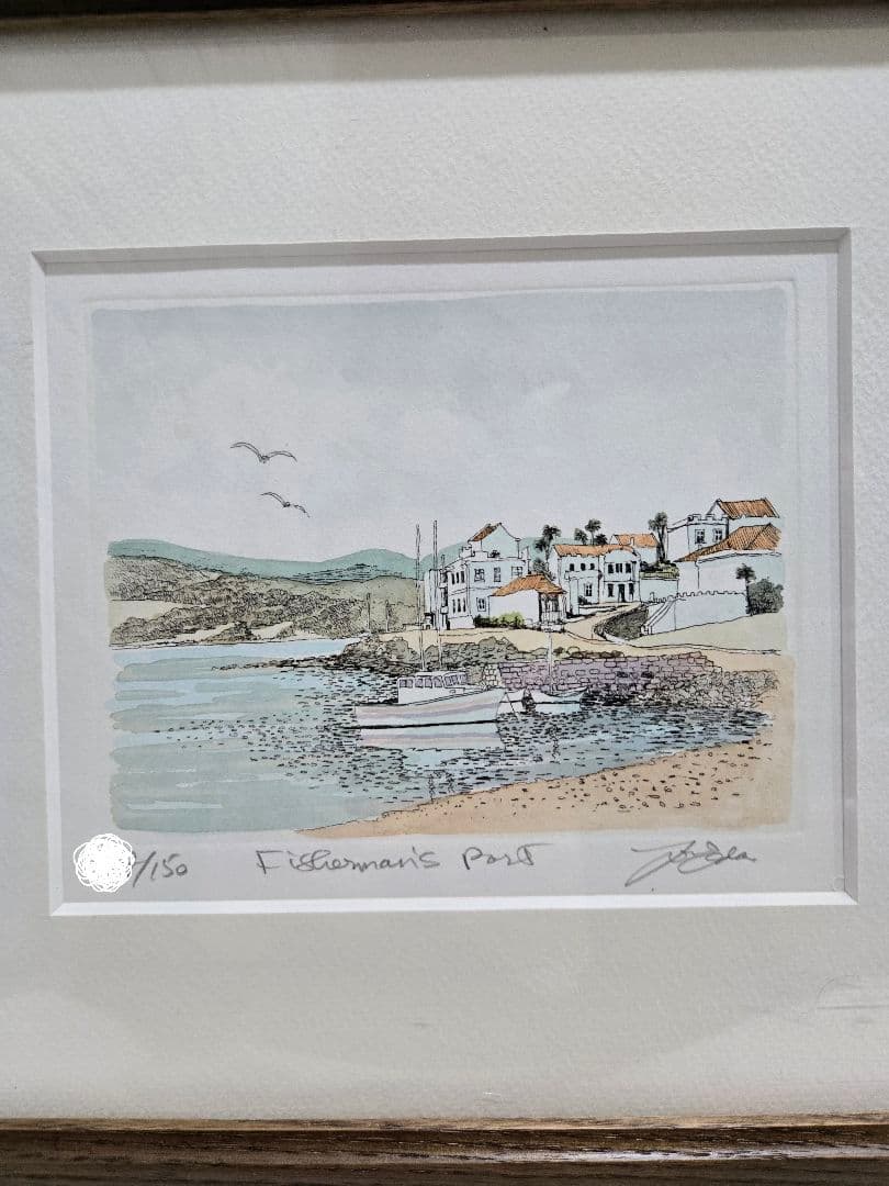 織田義郎 漁師の港 サイン入り版画 Fisherman’s Port 額装 港町