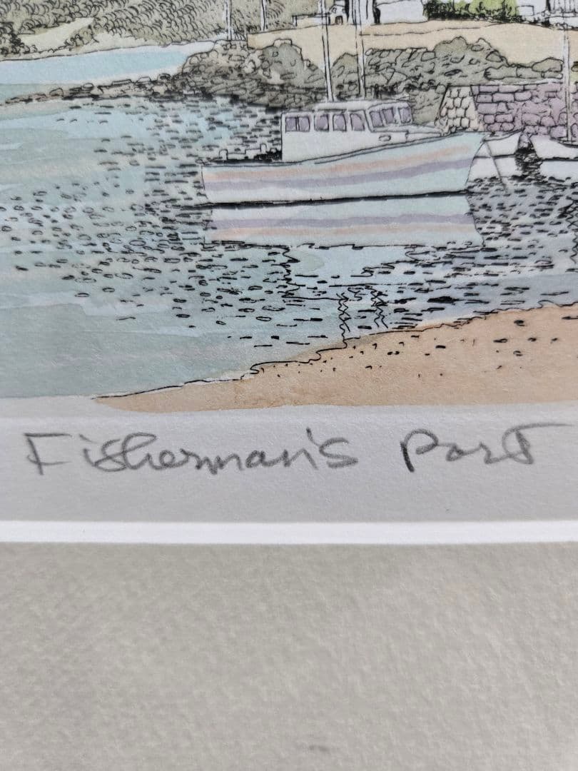 織田義郎 漁師の港 サイン入り版画 Fisherman’s Port 額装 港町