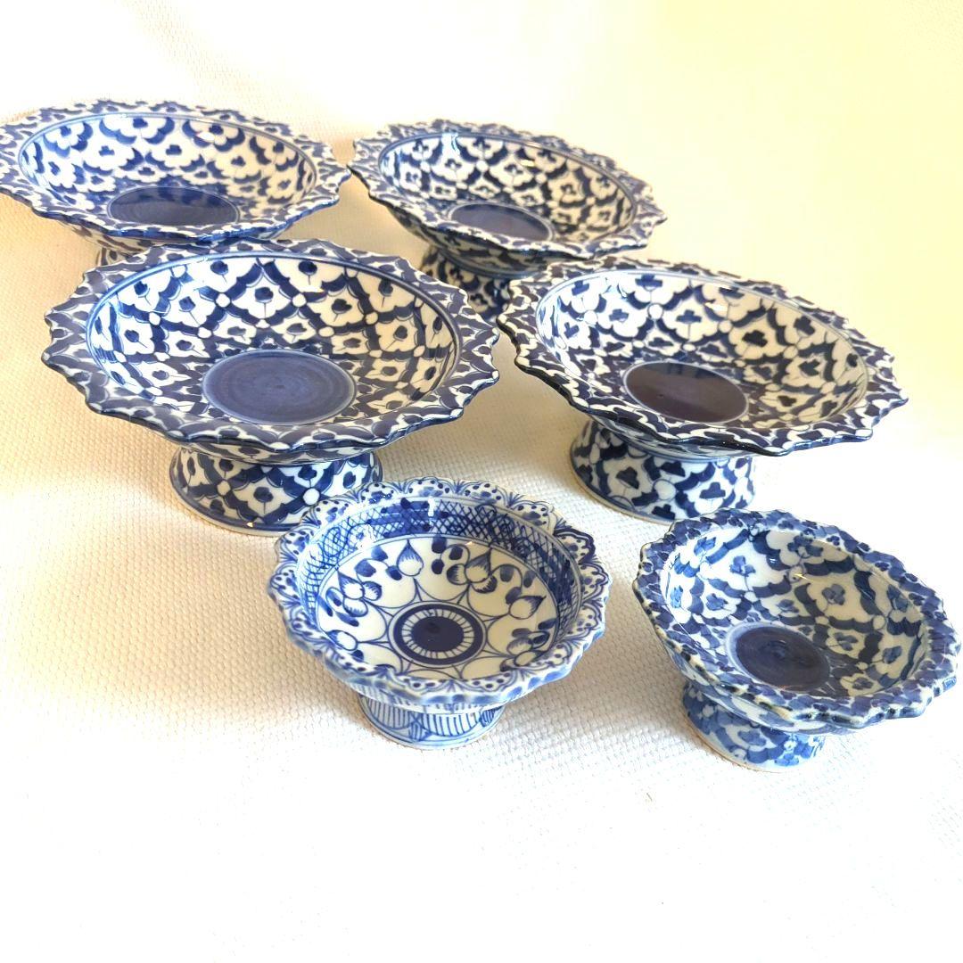 小皿　高脚付き皿　デザート皿　アイスクリーム皿　青白　タイ製　お皿