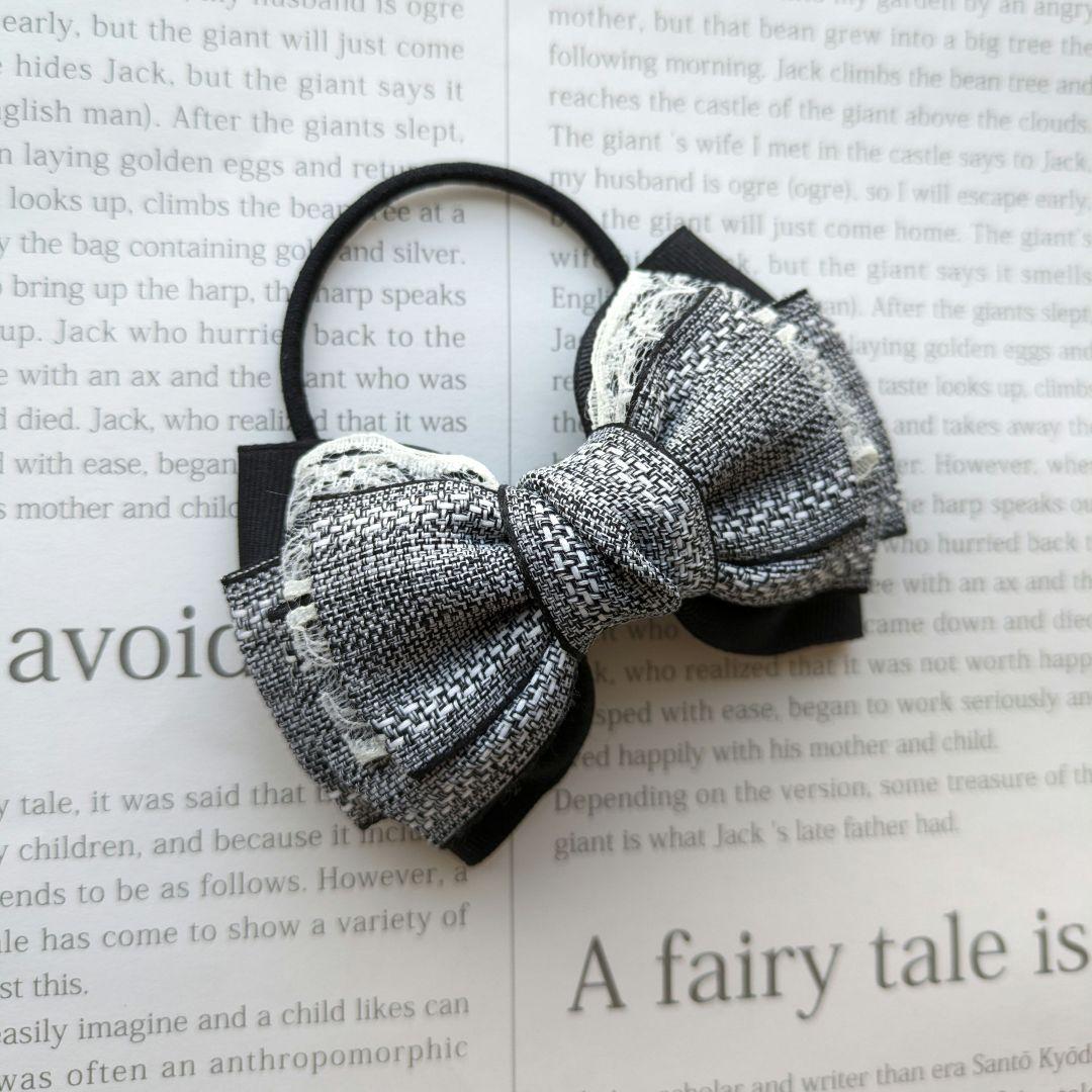 リボン　ヘアゴム♡レースがちらっと可愛い♡ブラック♡大きめ♡ハンドメイド