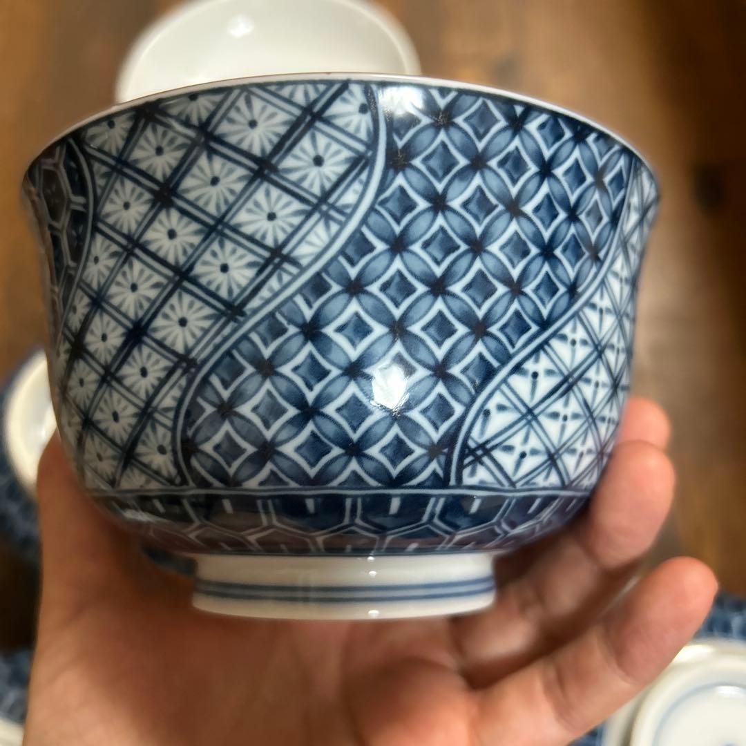 有田焼　飛鳥窯　染付祥瑞　蓋付き丼ぶり揃　5客セット　青海波　古伊万里