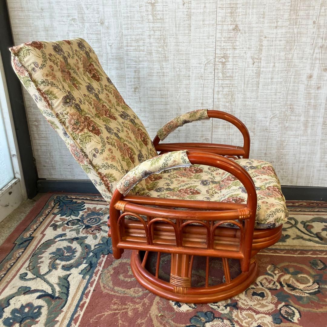 昭和レトロ 花柄ゴブラン織り 回転式ラタンリクライニングチェア アームチェア