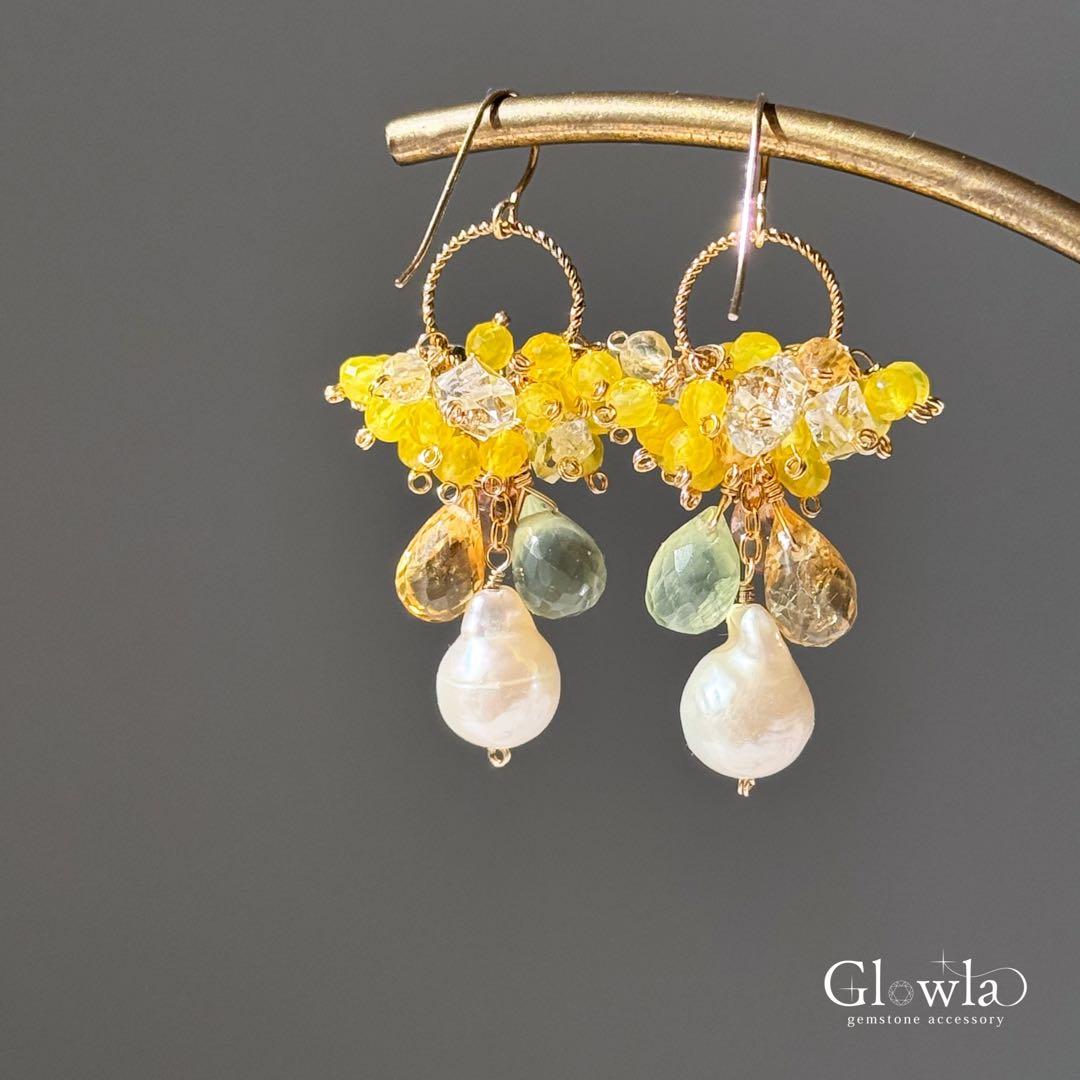 淡水パール・プレナイトのミモザの花束 14kgfピアス/16kgpイヤリング